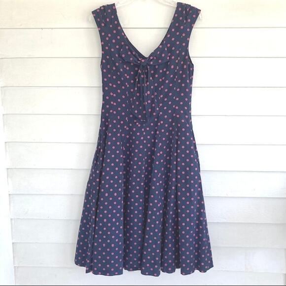 J. Peterman Navy Pink Polka-Dot Silk Cotton Fit & Flare Skirt Sleeveless Dress 4 - Picture 1 of 5